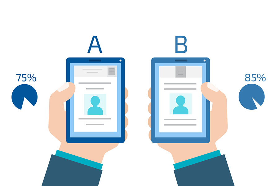 Graphic of left hand holding a device with an "A" above it and right hand holding a device with a "B" above it. A pie chart to the left of the left hand reads 75%. A pie chart to the right of the right hand reads 85%. Avoid in-store testing bias with sound testing practices. 