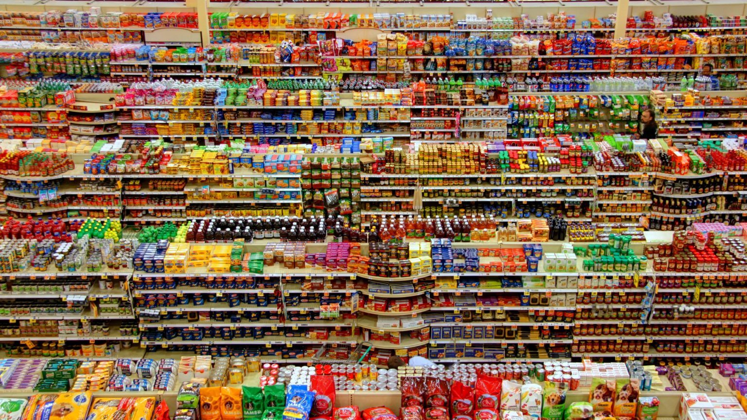Aisles and shelves filled with various food products.